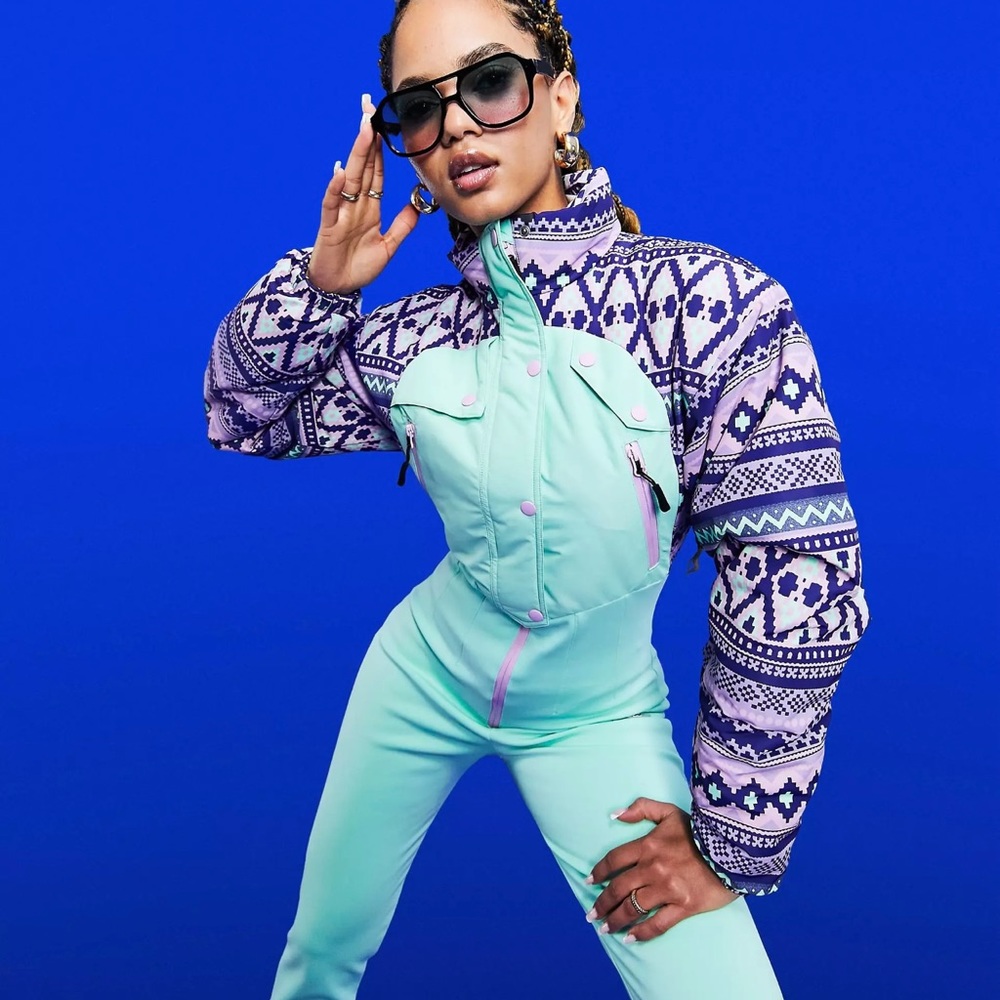 ASOS 4505 ski suit with retro geo print detail